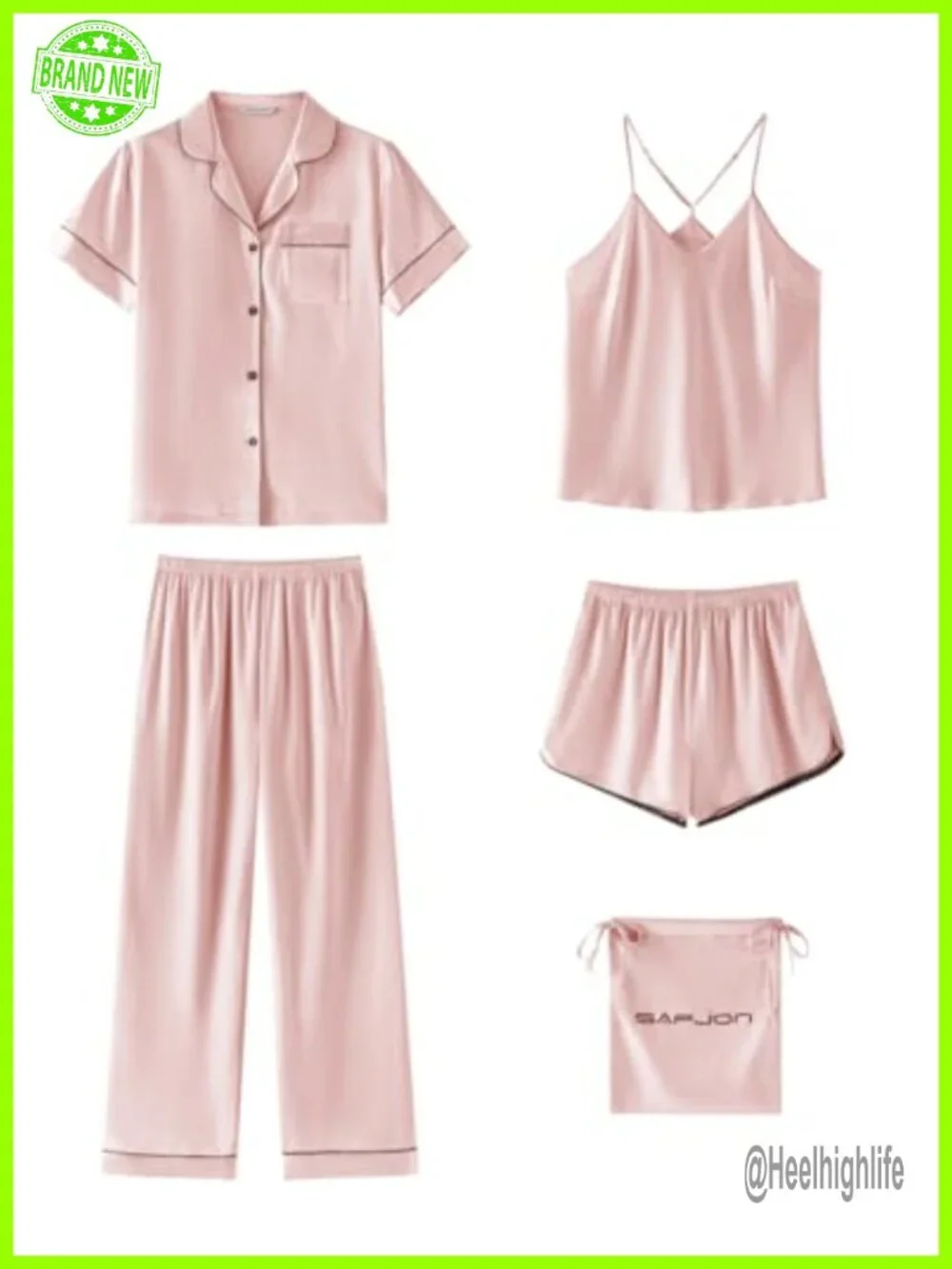 Women's 5-Piece Silk Satin Pajama Set Button Down Top Shorts Loungewear